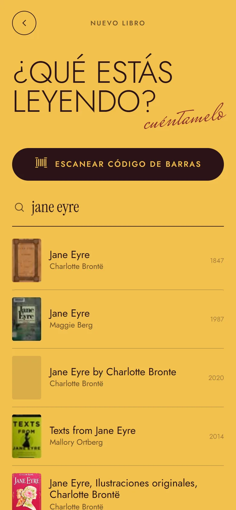 Pantalla «¿Qué estás leyendo?» con la búsqueda «jane eyre» y varias ediciones con su portada, autora y año.