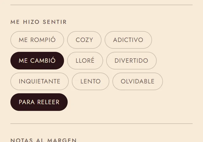 Apartado «Me hizo sentir» con etiquetas como me rompió, cozy, adictivo, me cambió o para releer; dos de ellas marcadas.
