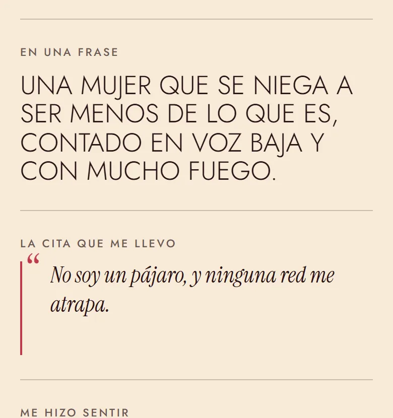 Apartados «En una frase» y «La cita que me llevo» con un resumen de Jane Eyre y la cita «No soy un pájaro, y ninguna red me atrapa».