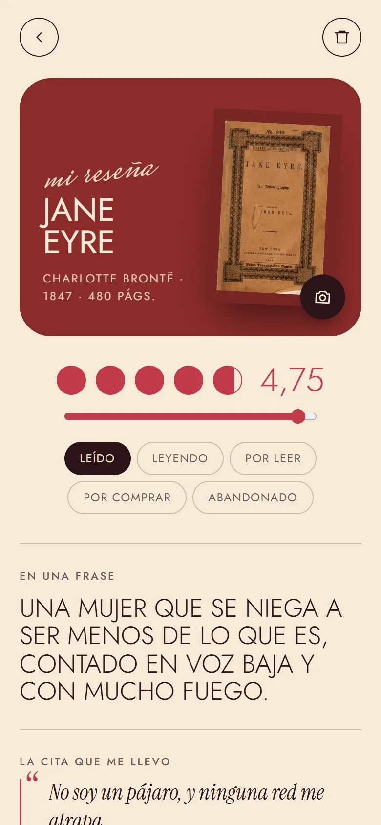 Reseña de «Jane Eyre» en Marginalia: portada, nota de 4,75 en puntos y la frase que resume el libro.